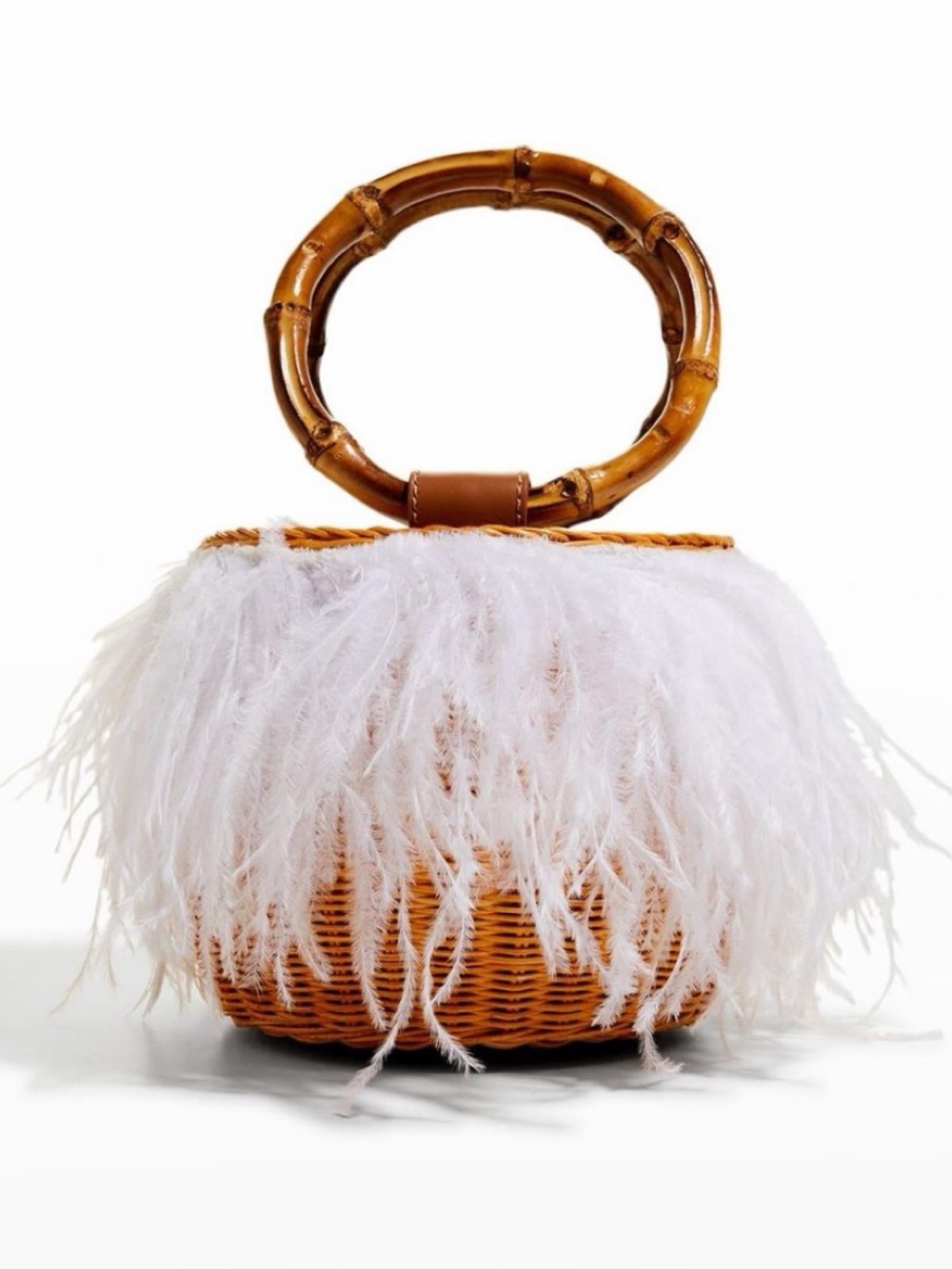 Serpui Feather-Trim Wicker Mini Bag with Bamboo Handle - White